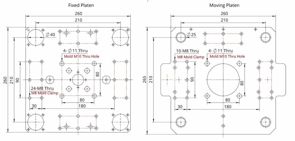 Ultra 2 desktop injection molding machine mold platen CAD drawing with mounting layout